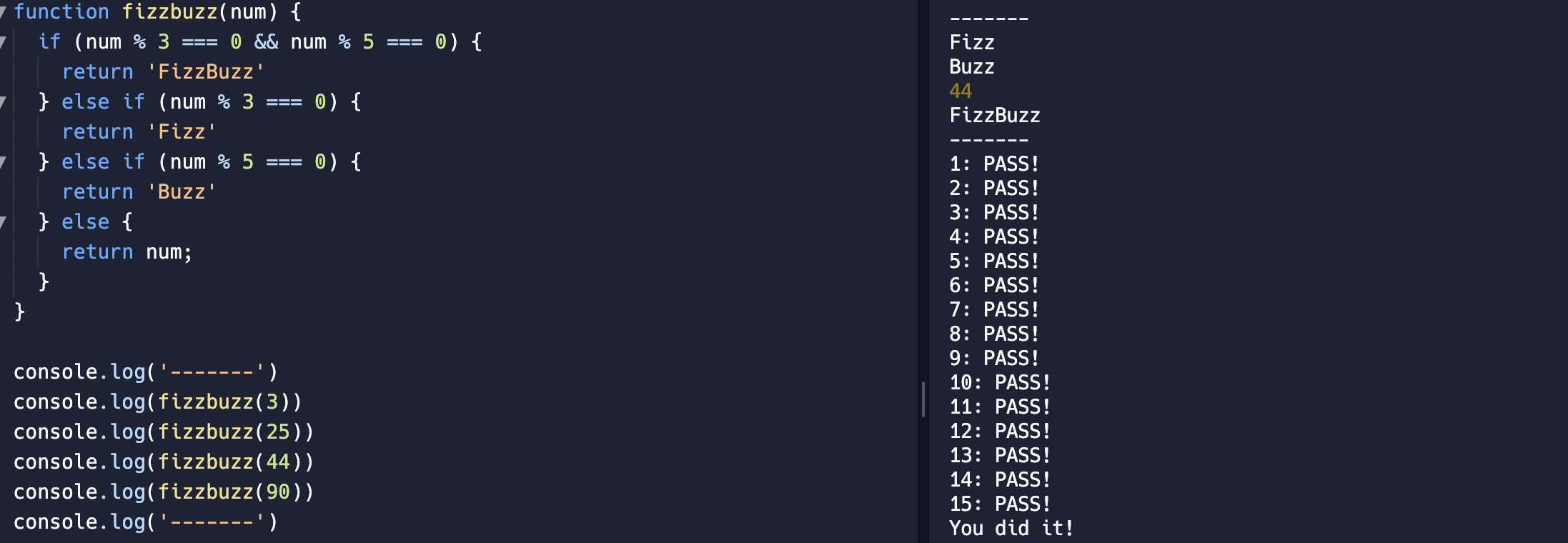 A screenshot with the finished FizzBuzz function working