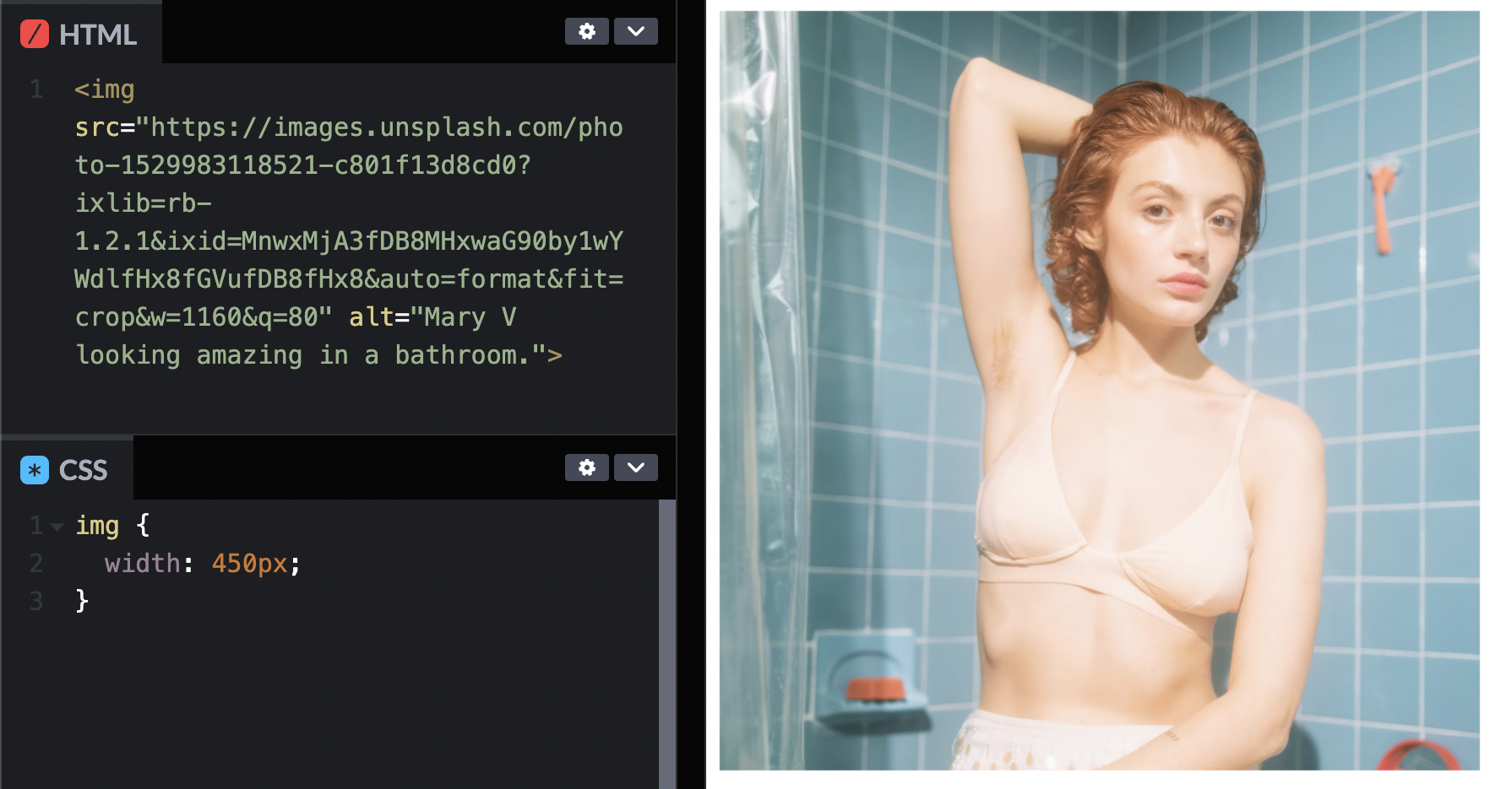 CodePen image showing some HTML and CSS and an image of a light-skinned women with auburn hair sitting in a bathroom. She's showing off her armpit hair and looking into the camera.