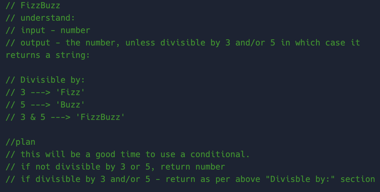 A screenshot showing my plan to tackle the FixxBuzz kata.