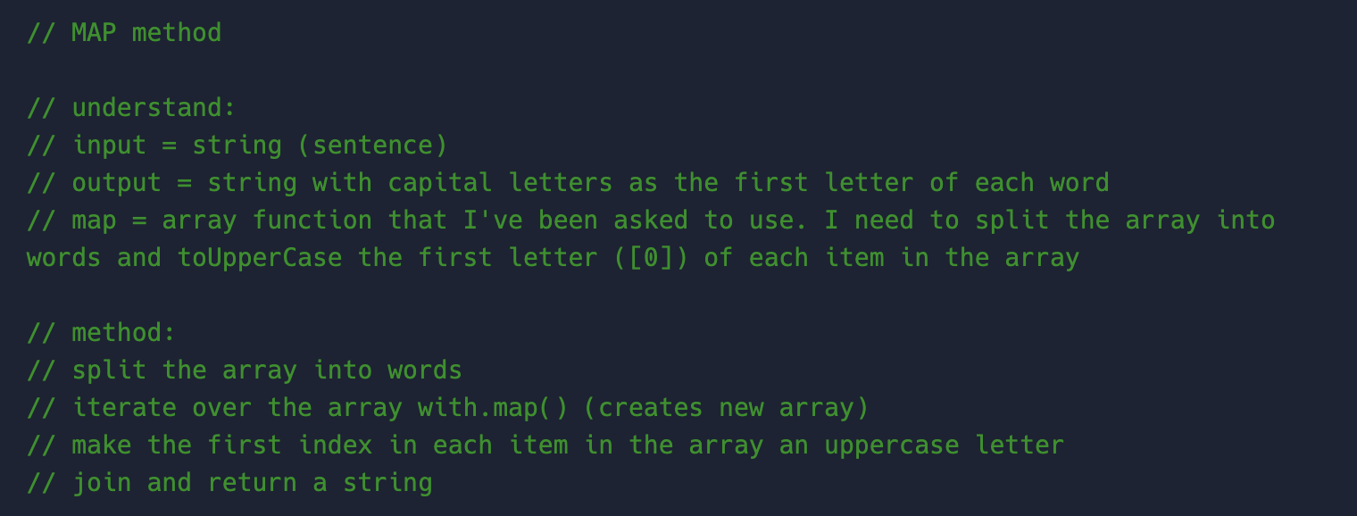 A screenshot showing my plan to tackle the .map() function kata