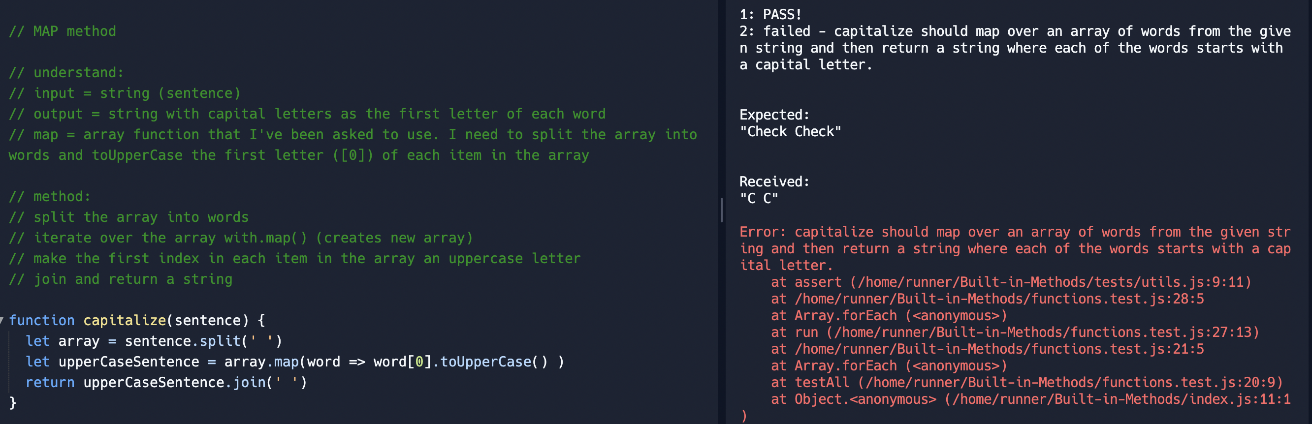 A screenshot showing an error message showing I was only returning one letter per word.