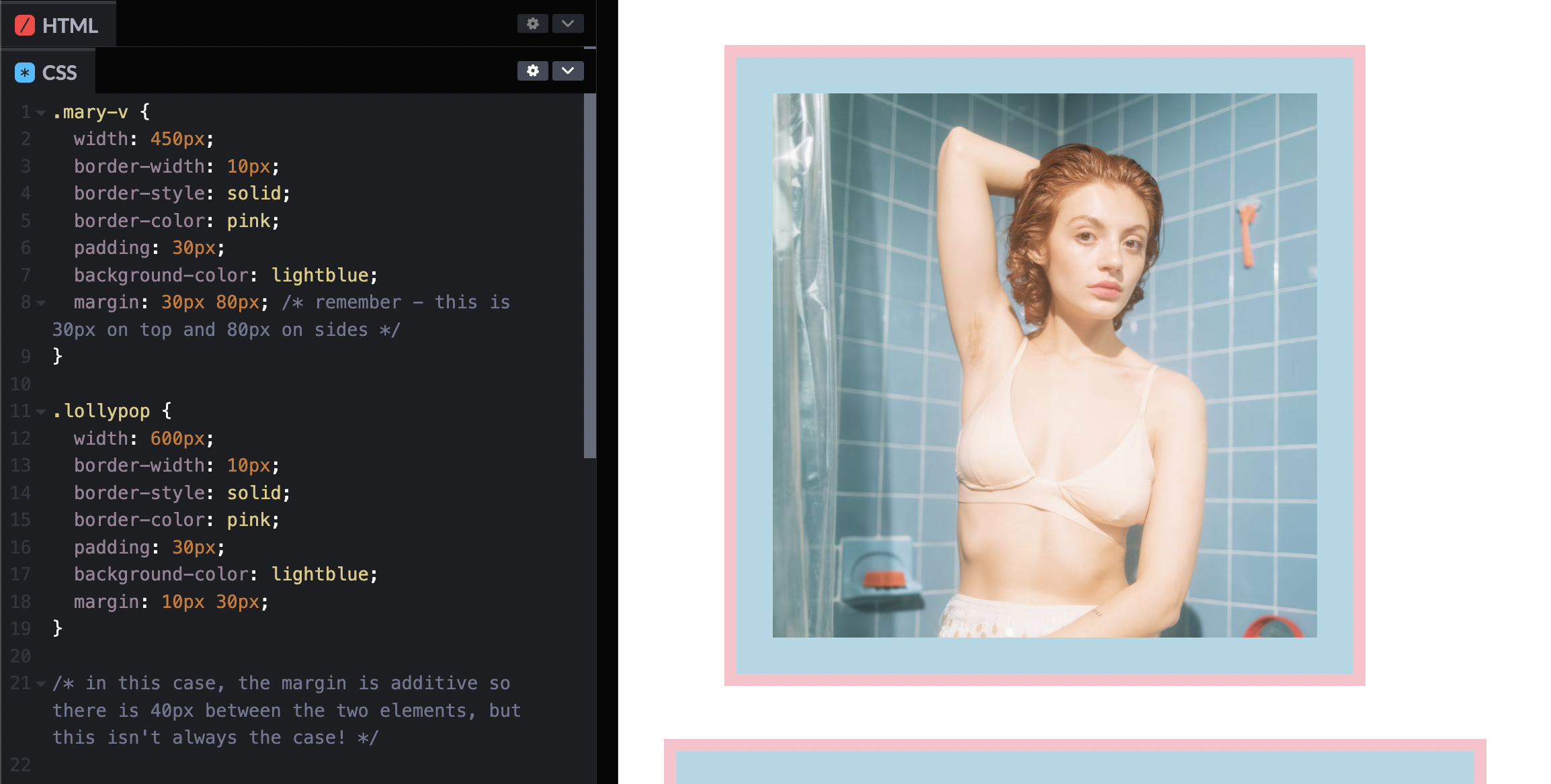 Same Codepen page showing margins
