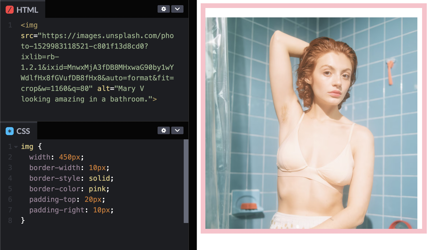 Same Codepen page showing the long way to write the padding property